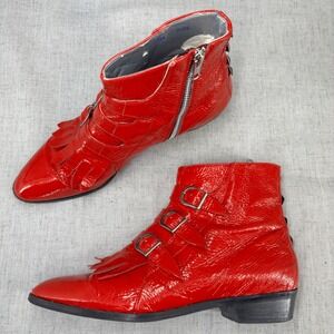 Maximalist Ankle Boots Red Patent Faux‎ Leather Buckle Fringe Studded Size 38
